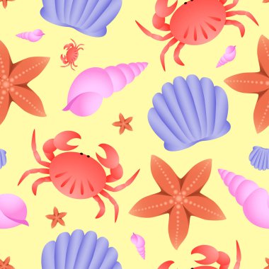 Vektör kesintisiz deniz Tema desen. Yengeç, balık yıldız ve kabuk üzerinde sarı arka plan, yaz desen