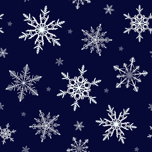Mooie Sneeuwvlokken Naadloze Patroon Donker Blauwe Achtergrond Vectorillustratie — Stockvector