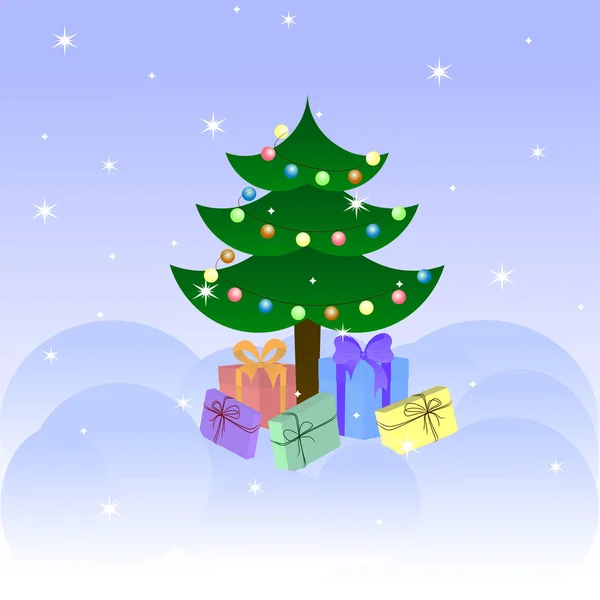 Presentes Natal Sob Árvore Natal Fundo Nevado Vector Cartão Natal — Vetor de Stock