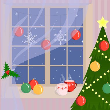 Noel pencere kar taneleri ve Noel topları tarafından dekore edilmiş. Rahat ev kışın. Noel ağacı ile Oda