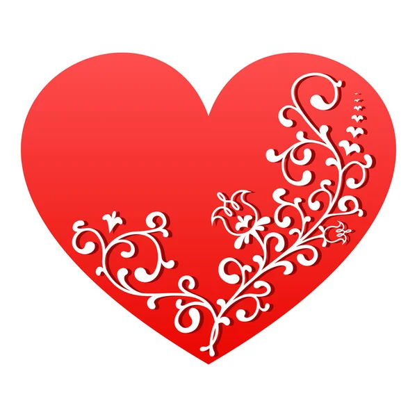 Corazón rojo con adorno floral blanco. Vector símbolo de San Valentín — Vector de stock