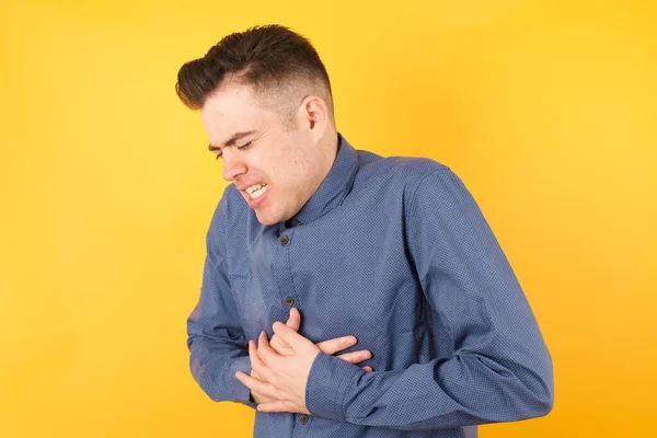 Handsome Young Businessman Hand Stomach Because Nausea Painful Disease Feeling — Stock Photo, Image