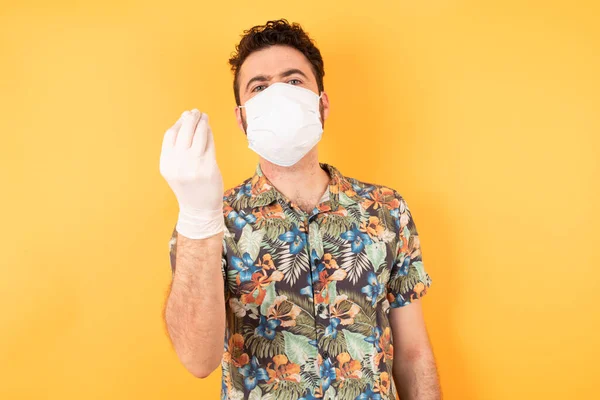 Young Handsome Man Protective Mask Gesturing Raised Hand Doing Italian — Stockfoto