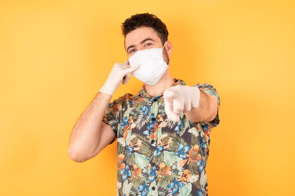 Young Handsome Man Protective Mask Pointing Camera While Making Call — Stock Photo, Image