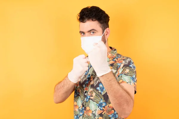 Young Handsome Man Protective Mask Ready Fight Fist Defense Gesture — Stock Photo, Image