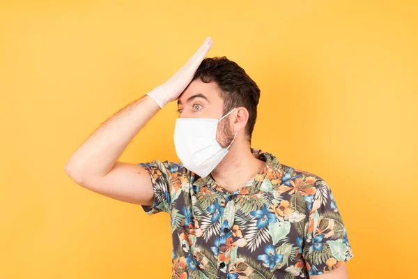 Handsome Young Man Protective Mask Surprised Hand Head Mistake Remember — Stock Photo, Image