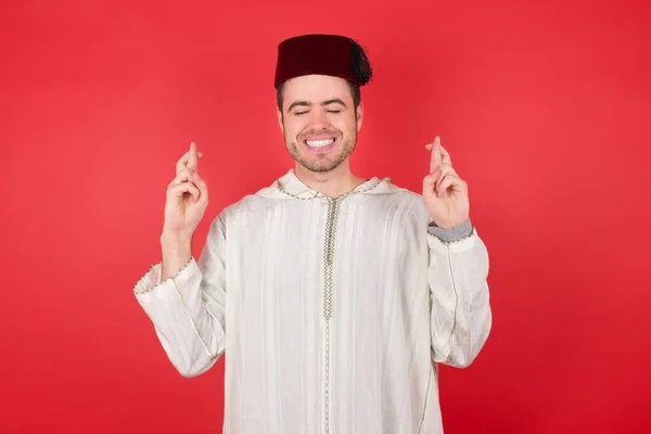 Handsome Young Man Wearing Traditional Turkish Hat Fez Crosses Fingers — Stock Photo, Image