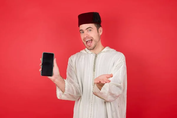 Handsome Young Man Wearing Traditional Turkish Hat Fez Using Smartphone — Stock Photo, Image