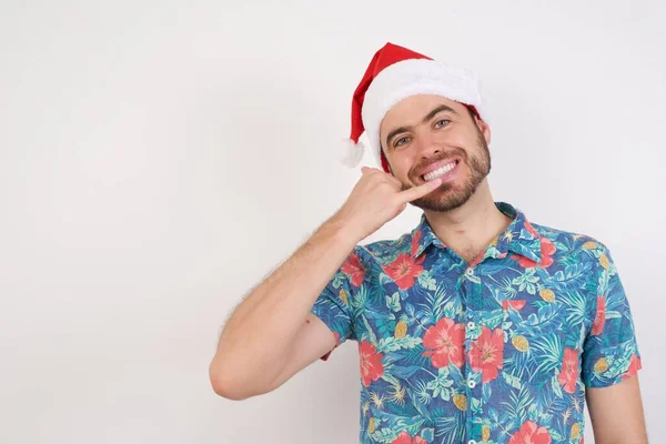 Ung Man Tomte Hatt Gör Telefongest Med Hand Och Fingrar — Stockfoto