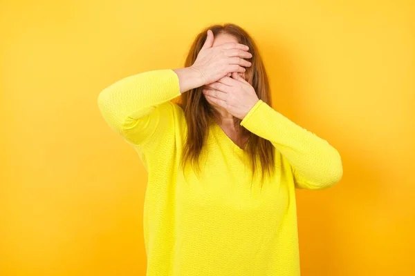 Beautiful Mature Woman Covering Eyes Mouth Hands Surprised Shocked Hiding — Stock Photo, Image