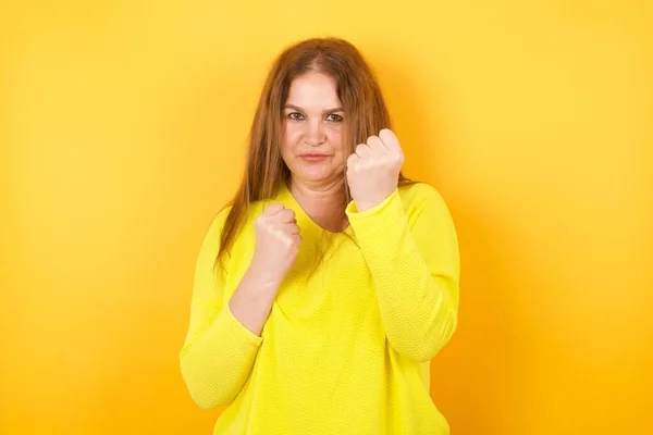 Beautiful Mature Woman Ready Fight Fist Defense Gesture Angry Upset — Stock Photo, Image