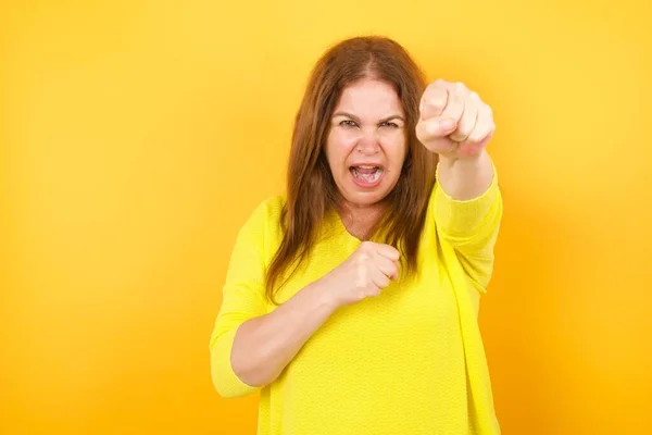 Portrait Strong Determined Woman Punching Air Fist Looking Confidently Camera — Stock Photo, Image