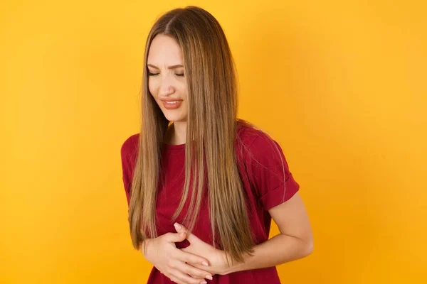 Beautiful Young Woman Hand Stomach Because Nausea Painful Disease Feeling — Stock Photo, Image