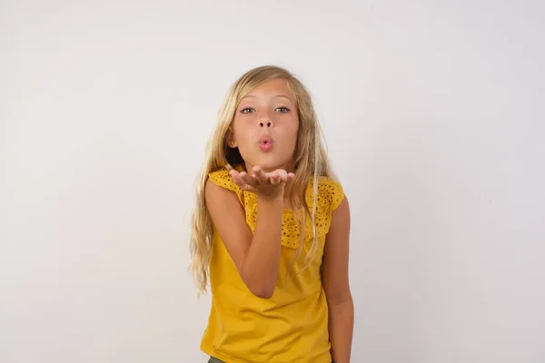 Cute Little Girl Blowing Kiss Hand Air Being Lovely Love — Stock Photo, Image