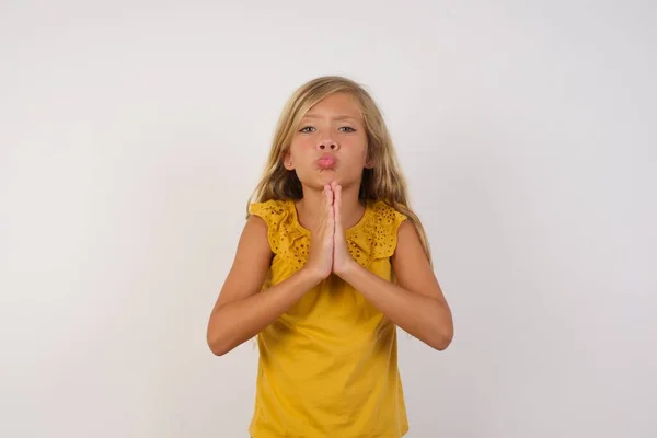 Cute Little Girl Keeps Palms Together People Emotions Concept — Stock Photo, Image