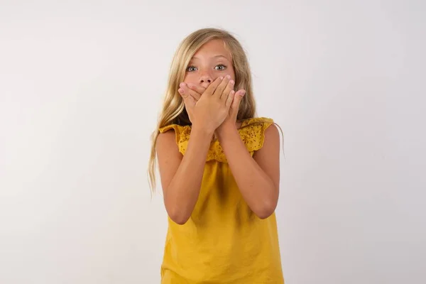 Cute Little Girl Shocked Covering Mouth Hands Mistake Secret Concept — Stock Photo, Image