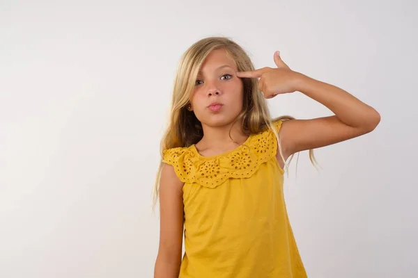 Cute Little Girl Curves Lips Makes Suicide Gesture Tired Everything — Stock Photo, Image