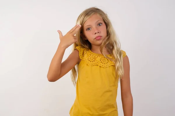 Cute Little Girl Makes Suicide Gesture Imitates Gun Hand Curves — Stock Photo, Image