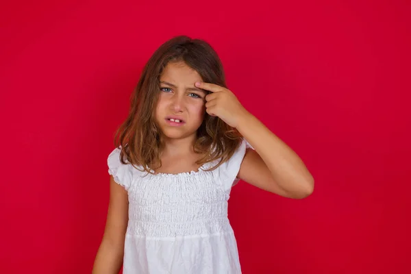 Cute Little Girl Pointing Unhappy Pimple Forehead Blackhead Infection Skincare — Stock Photo, Image