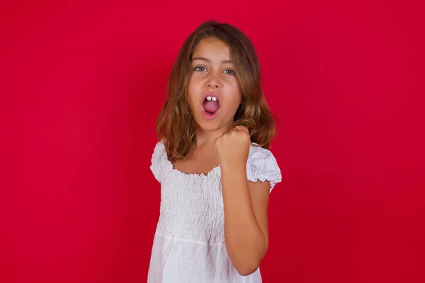 Little Caucasian Girl Raising Fist Frustrated Furious While Shouting Anger — Stock Photo, Image