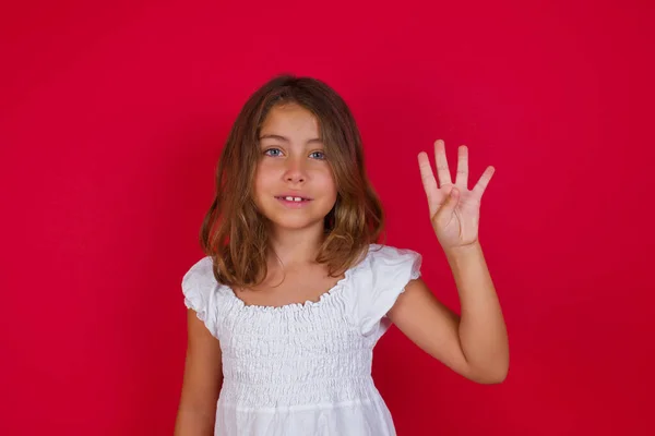 Little Caucasian Girl Beautiful Blue Eyes Showing Pointing Fingers Number — Stock Photo, Image