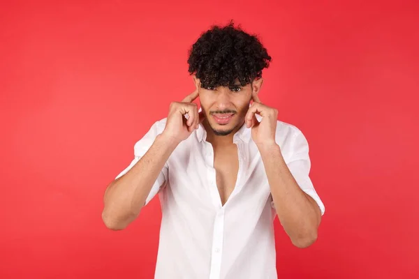 Young Handsome Man Covering Ears Fingers Annoyed Expression Noise Loud — Stock Photo, Image