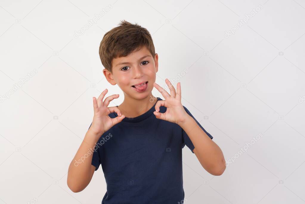 Beautiful kid boy wearing casual t-shirt standing over isolated white background, showing both hands with fingers in OK sign. Approval or recommending concept