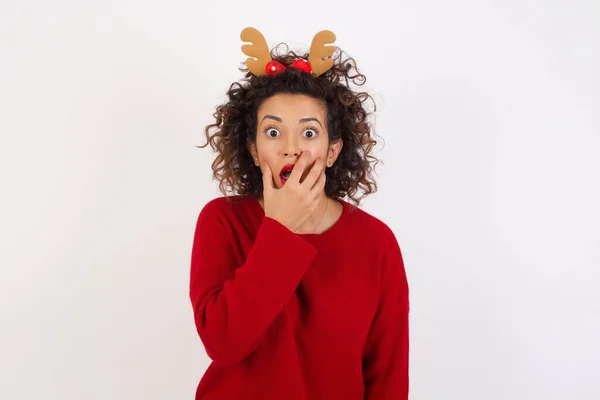 Emotional Woman Covers Opened Mouth Palm Looks Shocked Camera — Stock Photo, Image