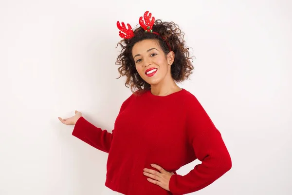 Woman Red Sweater Deer Horns Headband Posing Studio Smile Showing — Stock Photo, Image