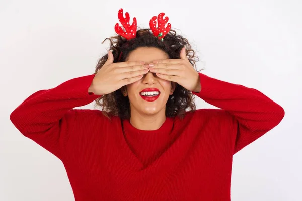 Woman Red Sweater Deer Horns Headband Posing Studio Smile Covering — Stock Photo, Image