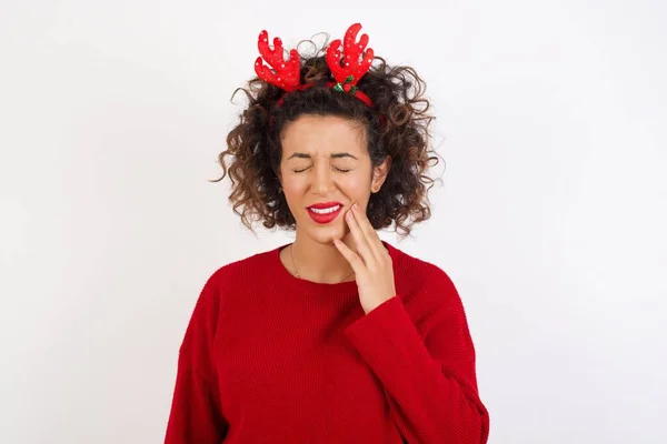 Woman Touching Mouth Hand Painful Expression Because Toothache Dental Illness — Stock Photo, Image