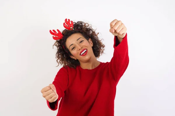 Woman Red Sweater Deer Horns Headband Posing Studio Smile Gesturing — Stock Photo, Image