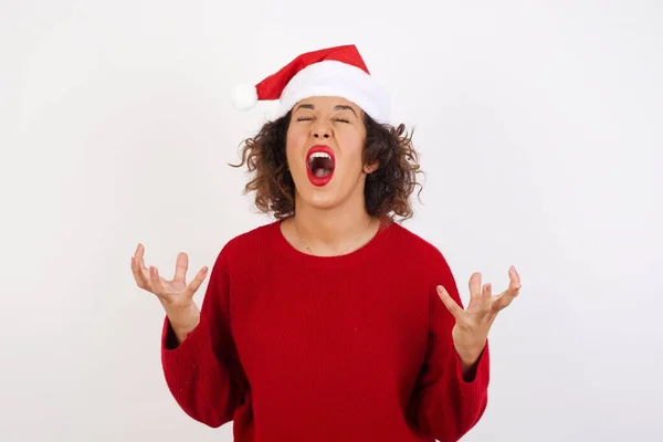 Woman Santa Claus Hat Crazy Mad Shouting Yelling Aggressive Expression — Stock Photo, Image