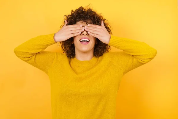 Woman Covering Eyes Hands Smiling Cheerful Funny Blind Concept — Stock Photo, Image