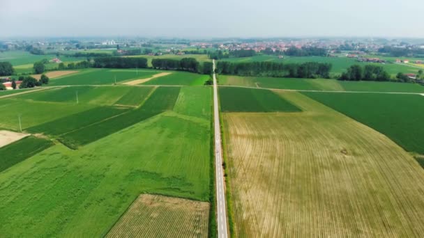 木山の畑と農地でイタリアの Sprintime に沿ってサイクリング人航空 サイクル レーン横断田園地帯上空を飛行 — ストック動画