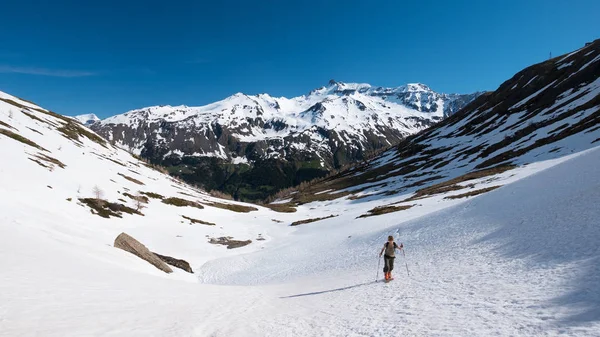 Alpinista Piesze Wycieczki Skiturowe Ośnieżone Zbocza Opadającego Kierunku Szczytu Góry — Zdjęcie stockowe