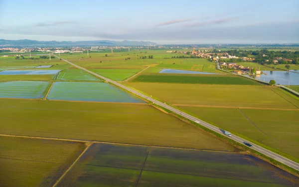 Luchtfoto Rijstvelden Overstroomd Akkers Landbouwgrond Italiaanse Platteland Landbouw Bezetting Sprintime — Stockfoto