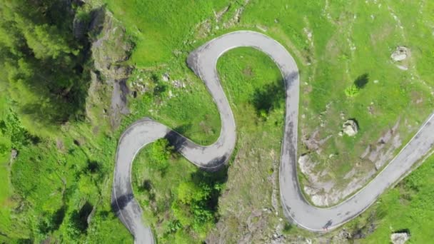 俯视在意大利阿尔卑斯蜿蜒的山路上 越过绿草甸和草原在高山谷 冒险路旅行在夏天的顶向下视图 — 图库视频影像