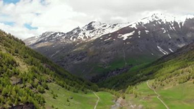 Hava: alp Vadisi, gorge, doğal şelale yeşil orman karlı dağ silsilesi ve dramatik road akan dere üzerinde uçan