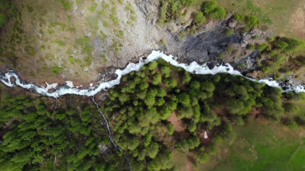 Antena Latające Nad Alpejskie Doliny Creek Przepływające Wąwozie Góry Dół — Wideo stockowe