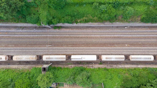 Aerial View Freight Trains Railway Station Cargo Trains Wagons Railroad — Stock Photo, Image