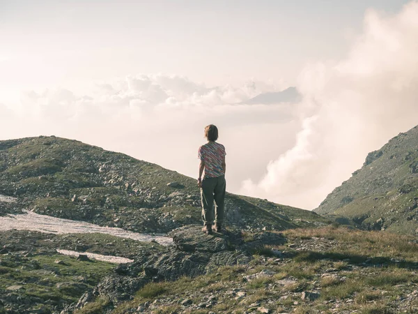 Una Persona Mirando Vista Alto Los Alpes Paisaje Expasivo Vista — Foto de Stock