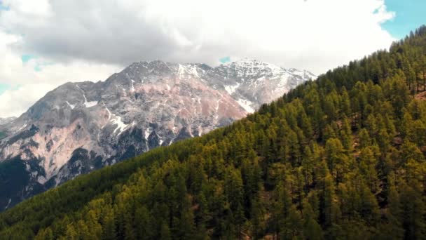 航空写真 高山の谷は イタリア アルプスの美しい景観の森雪を頂いた山のピークの上を飛んでください — ストック動画