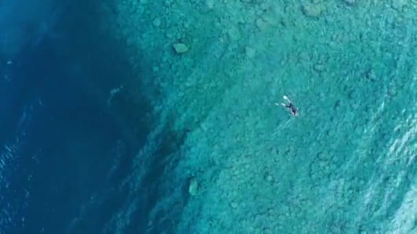 Aerial Uma Pessoa Mergulhador Pesca Natação Mar Mediterrâneo Cristalino Águas — Vídeo de Stock