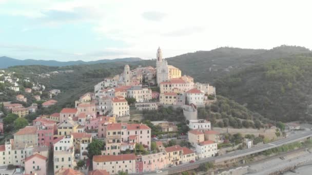 Aerial Flying Cervo Medieval Town Medanean Coast Liguria Riviera Italy — стоковое видео