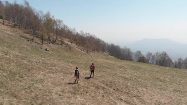 Aéreo Sobrevoando Caminhadas Casal Montanha Olhando Para Panorama Vale Alpino — Vídeo de Stock