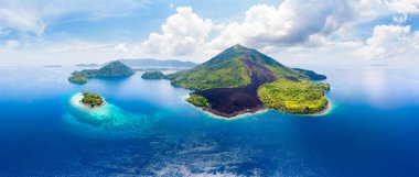 Aerial view Banda Islands Moluccas archipelago Indonesia, Pulau Gunung Api, lava flows, coral reef white sand beach. Top travel tourist destination, best diving snorkeling. clipart