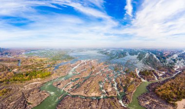 Mekong Nehri Laos, Li Phi şelaleler, ünlü seyahat hedef backpacker Güney Doğu Asya'da Hava panoramik 4000 Adaları