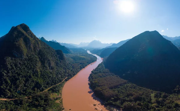 Εναέρια Πανοραμική Nam Ποταμός Nong Khiaw Muang Ngoi Λάος Ηλιοβασίλεμα — Φωτογραφία Αρχείου