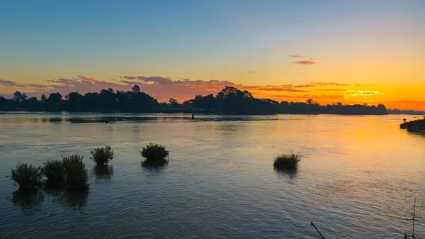 Mekong River 4000 Eilanden Laos Zonsopgang Dramatische Hemel Mist Het — Stockfoto